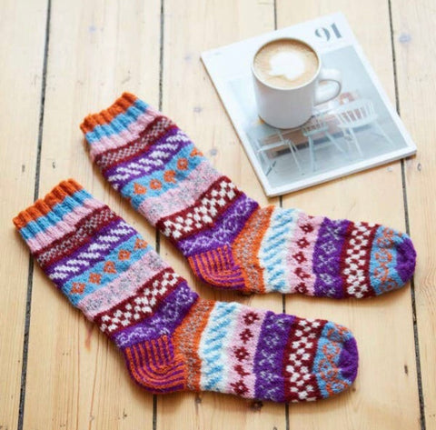 Woollen Fairisle Socks - Orange, Blue and Pink