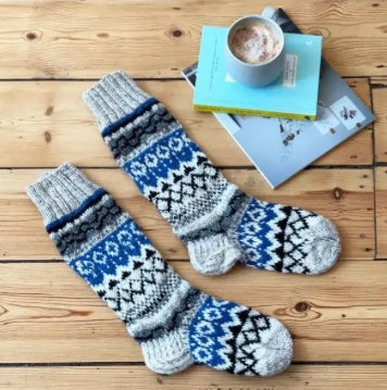 Woollen Fairisle Slipper Socks - Natural, Black and Blue